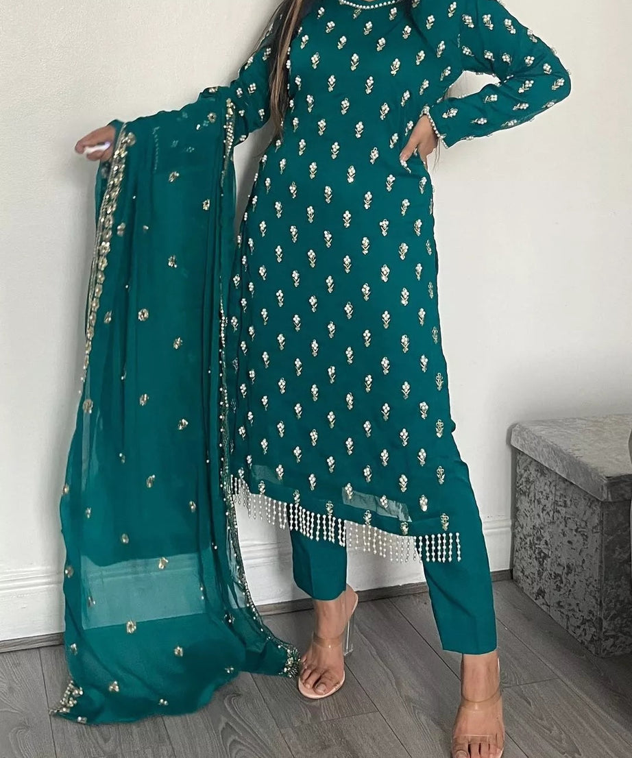 Traditional Fancy Wear Faux Georgette Top Pant With Dupatta