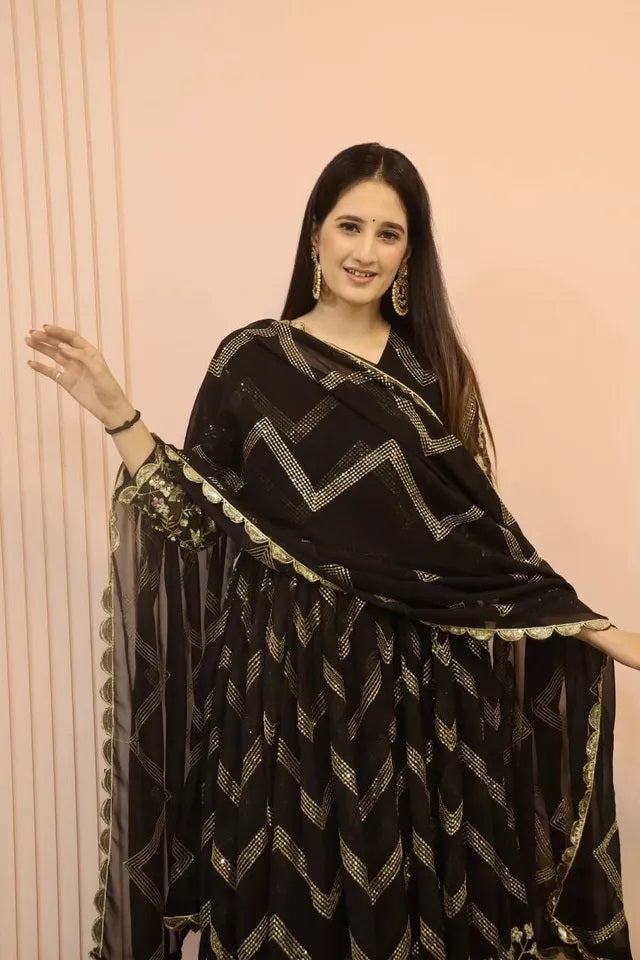 Fox Georgette With Embroidery Work With Full Sleeve Gown Bottom Dupatta Set