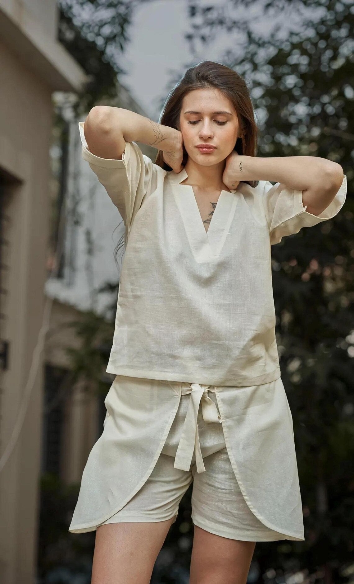Linen V- Neck Top and Short Set For Women