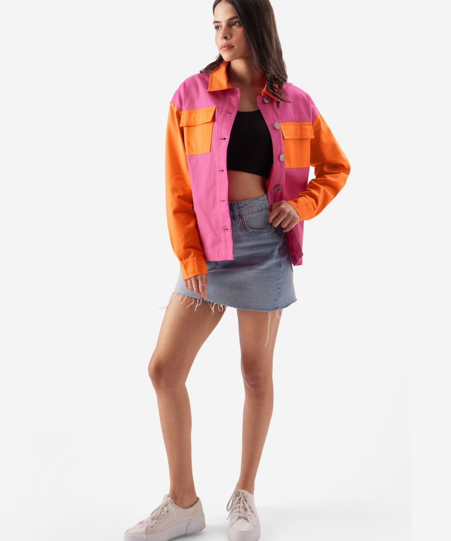 Solids Pink Orange Women Shackets Shirt