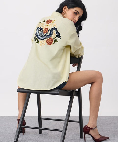 Cotton Linen  Dragon Women Boyfriend Shirts
