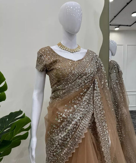 beautiful Wedding Soft Net Sequence Work Saree,Party Function Wear Sari & Blouse