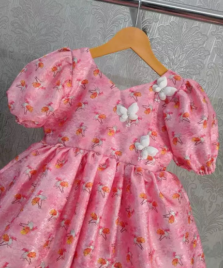 Chic Baby Pink Floral Printed and Butterfly Jacquard Frock