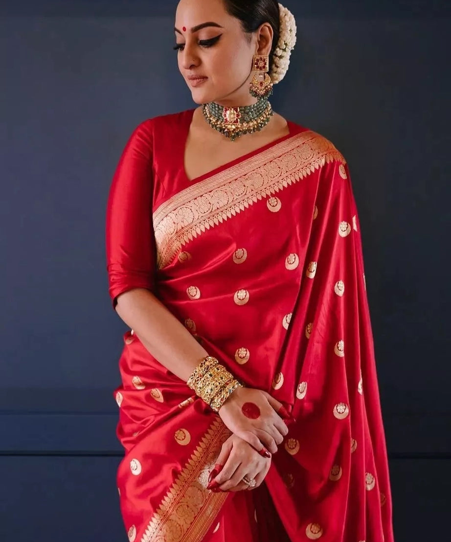 Red Banarasi Soft Silk Wedding Function Sari With Blouse