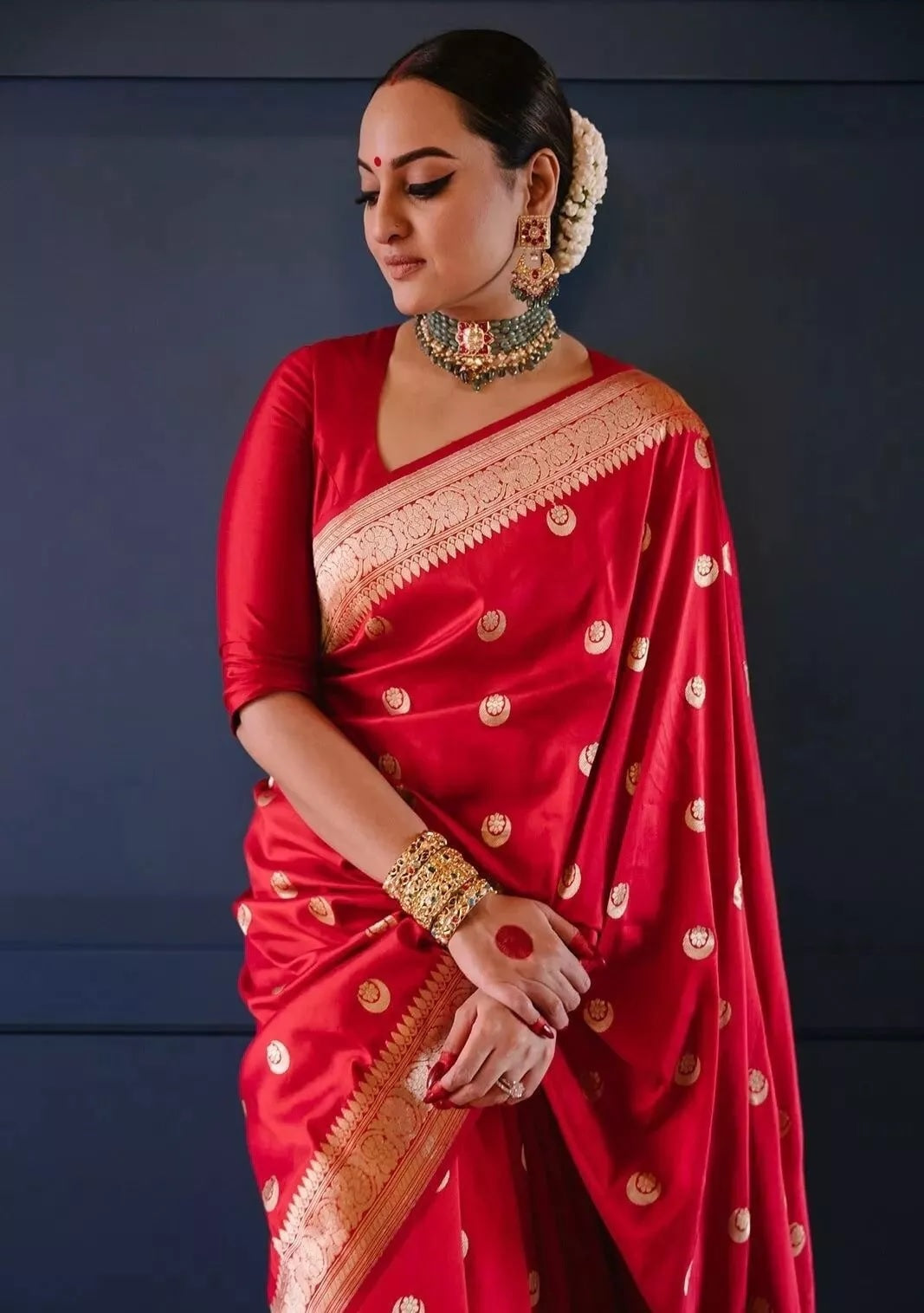 Red Banarasi Soft Silk Wedding Function Sari With Blouse