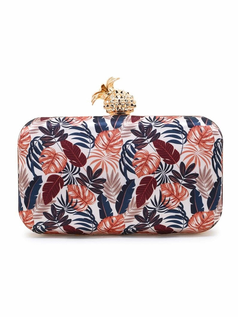 New Printed Satin Botanical Embroidered Clutch
