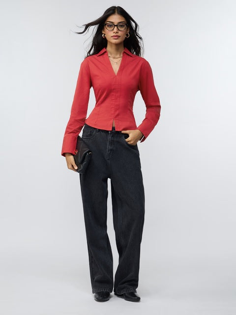 Cherry Red Fitted  Women Shirts