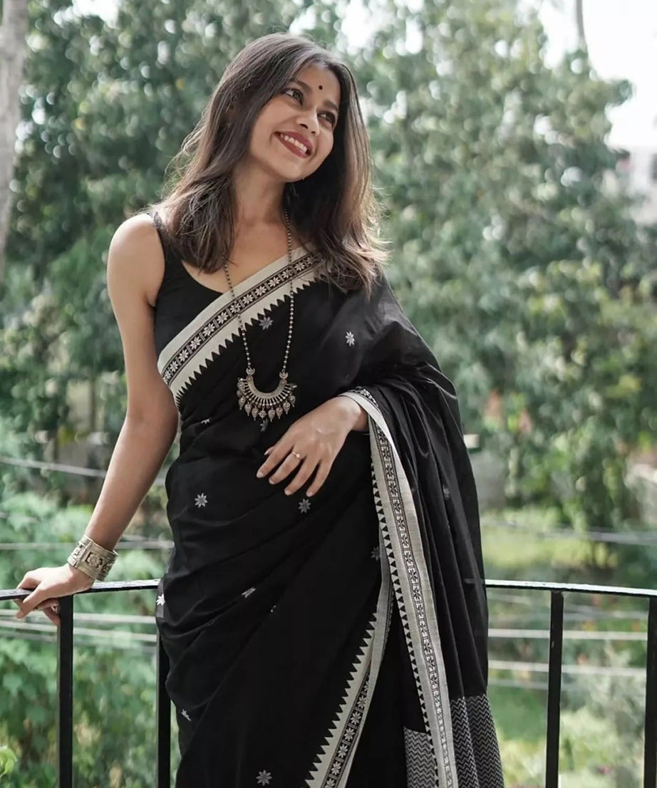 Black Soft Linen Slub Designer Saree,Classic Sari Blouse