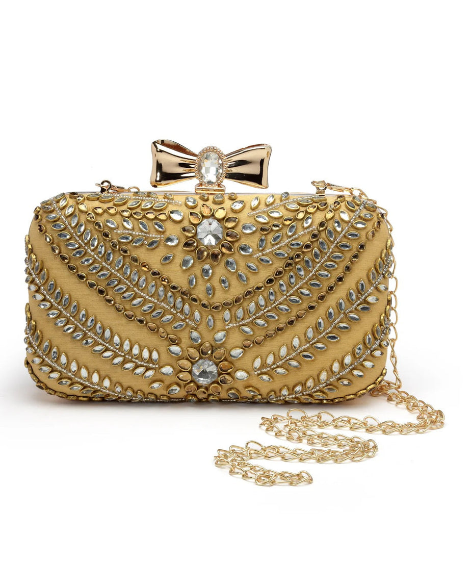 Adorn Stone Work Embellished Faux Silk Clutch