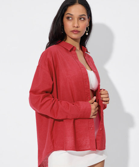 Cotton Linen  Red Women Boyfriend Shirts