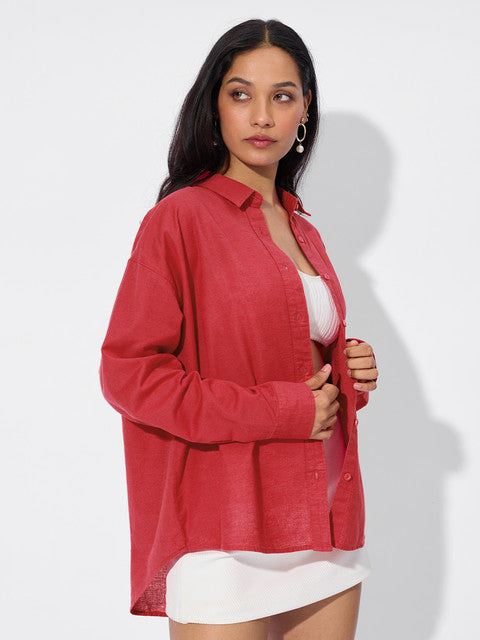 Cotton Linen  Red Women Boyfriend Shirts