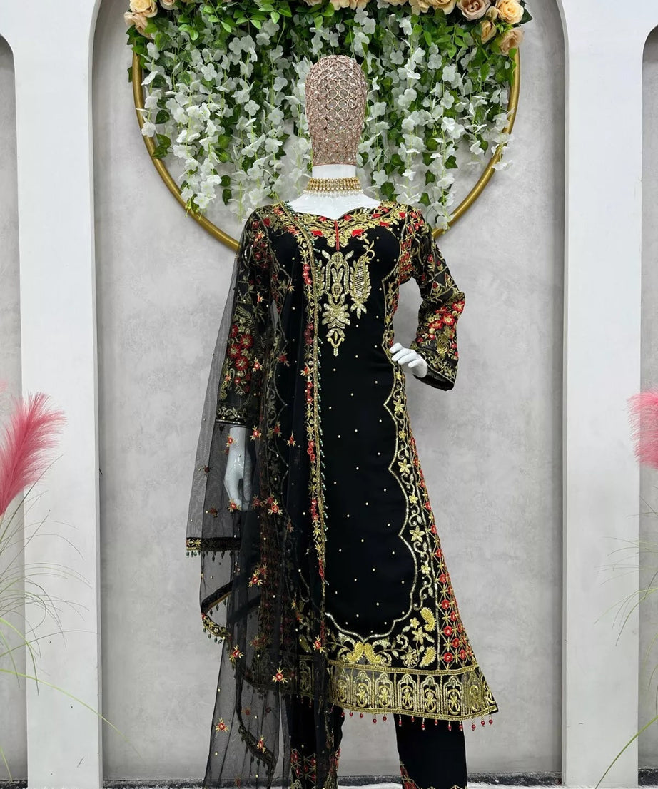 Faux Georgette Indian Ethnic Top Pant & Dupatta Set