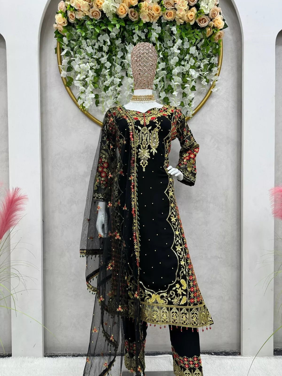 Faux Georgette Indian Ethnic Top Pant & Dupatta Set