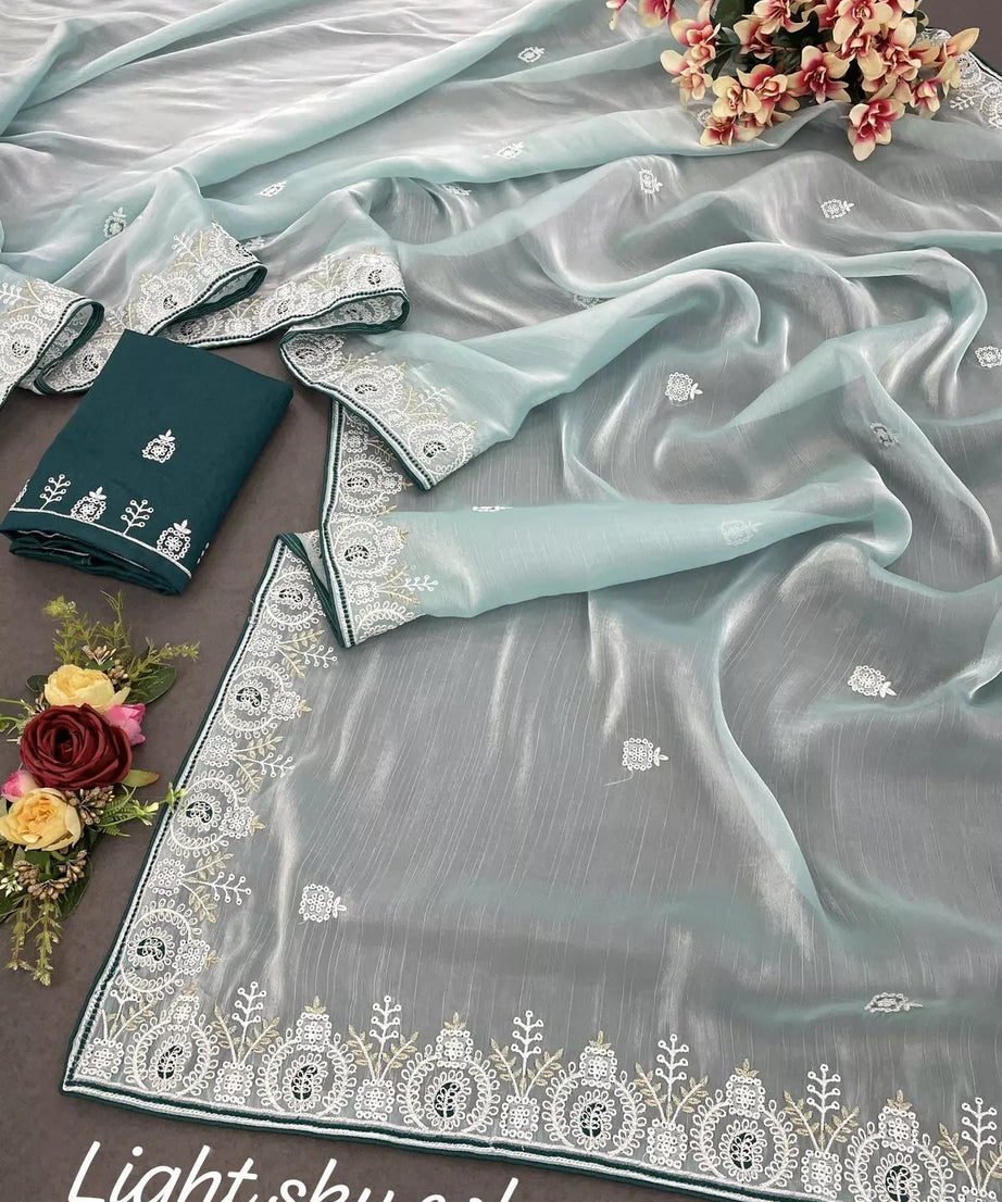 Barbari Silk Fabric With Embroidery Thread Work Designer Sari & Blouse