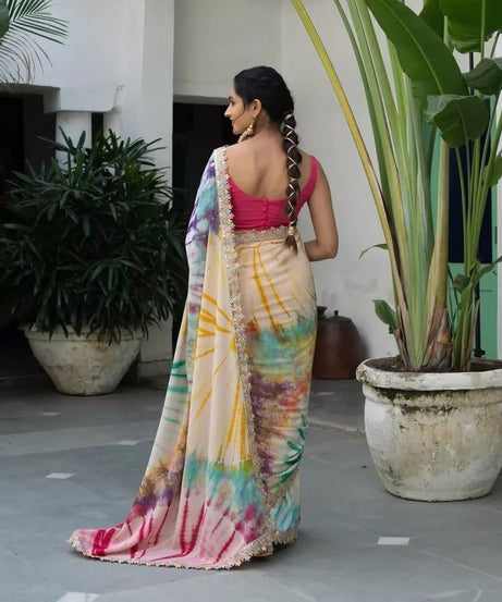 Soft Chinon Silk Printed Designer Sari With Blouse