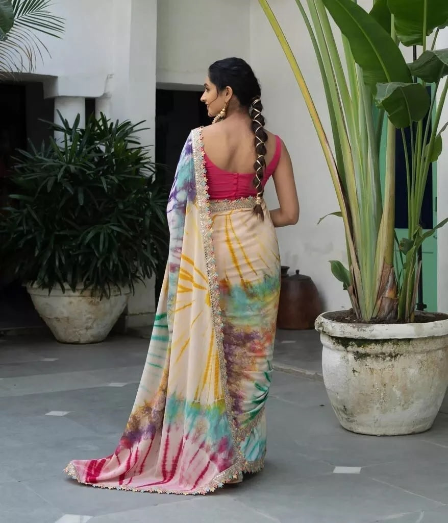 Soft Chinon Silk Printed Designer Sari With Blouse