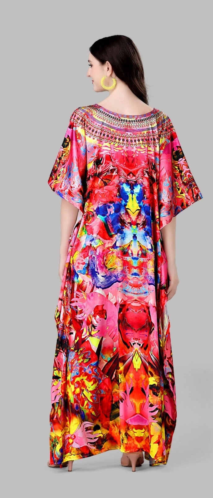 Kaftan Dress Kimono Maxi Style V-Neck Smooth Stain Long Night Gown Dress