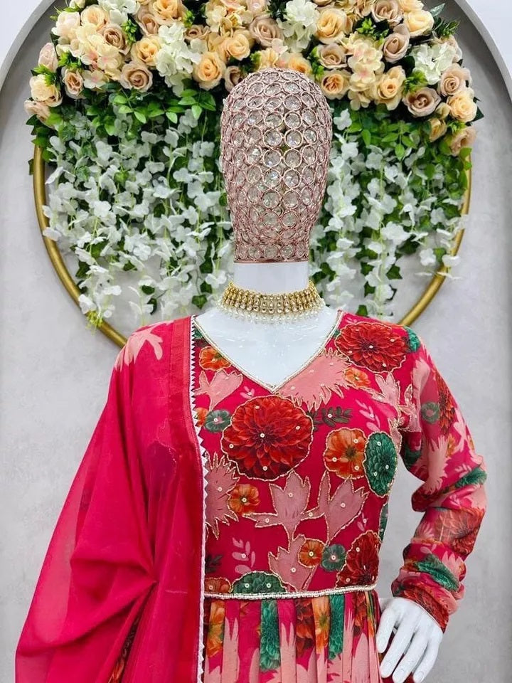 Bollywood FullStitched Faux Georgette Long Anarkali Top Pant Dupatta