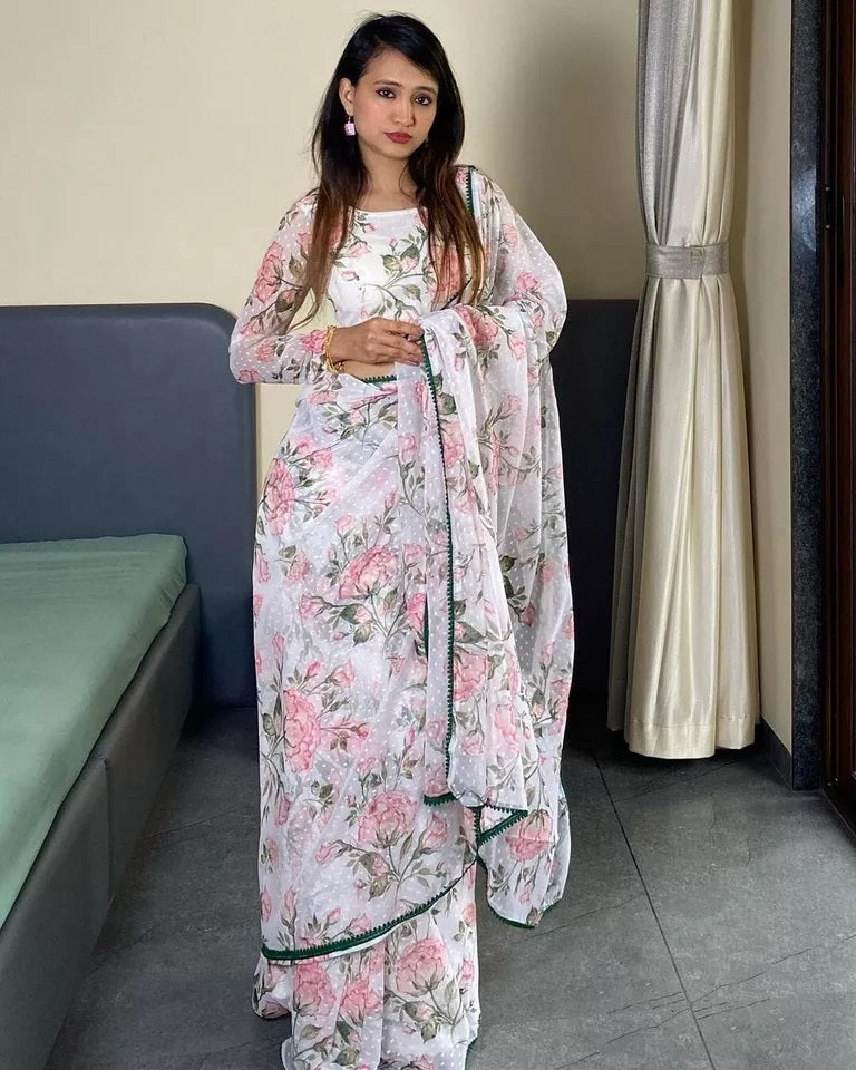 Pure Soft Georgette Silk Ready To Wear Sari With Blouse