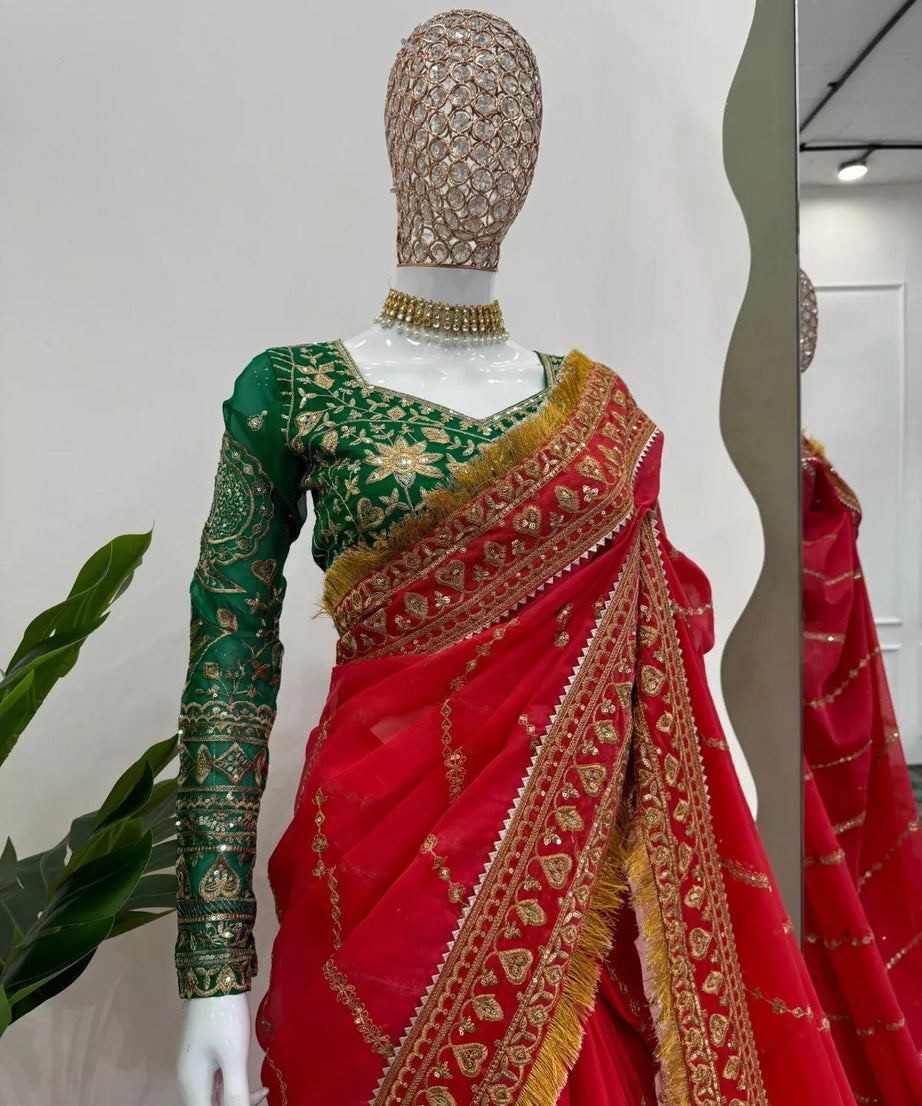 Red Organza Silk With  Sequence Work Sari Blouse