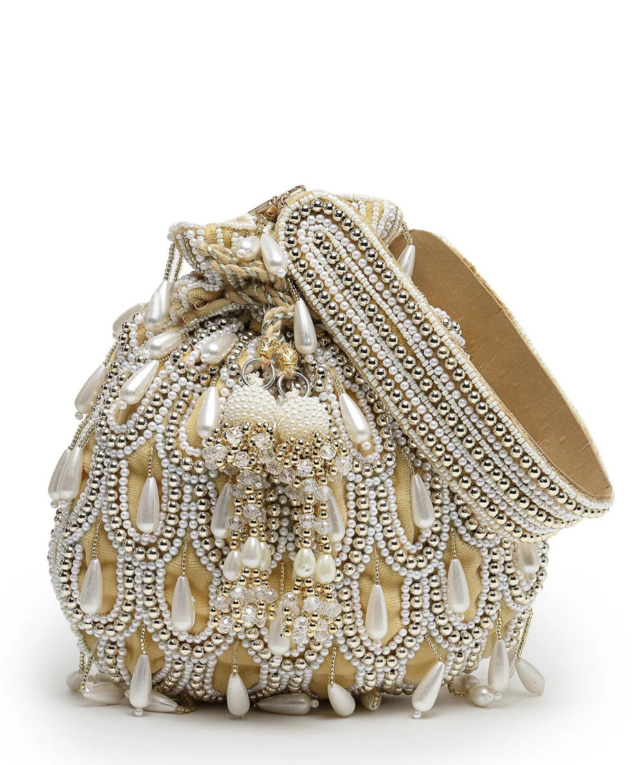 Droop Pearl Embellished Velvet Potli Bag