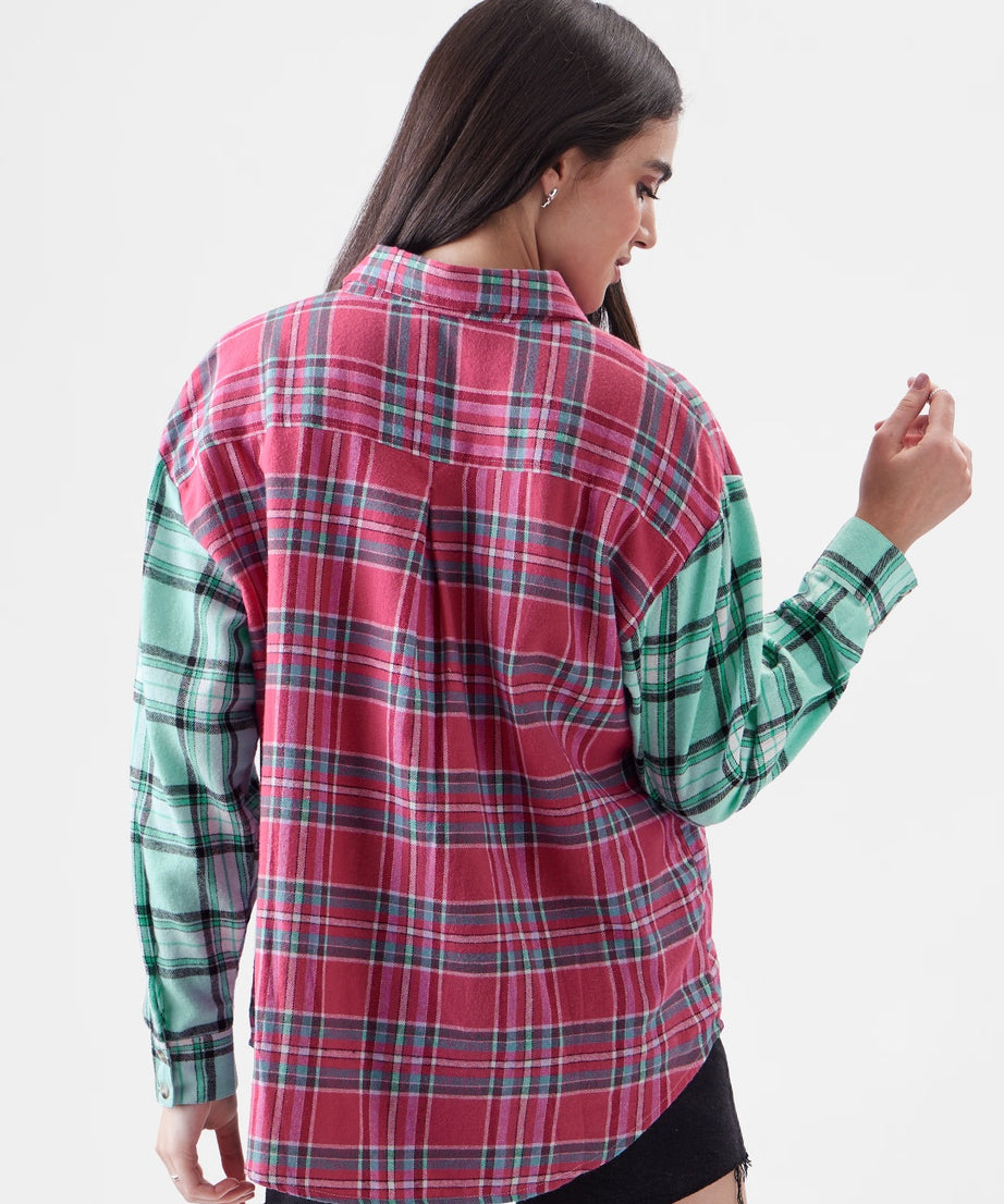 Plaid  Viridis And Raspberry Women Boyfriend Shirts