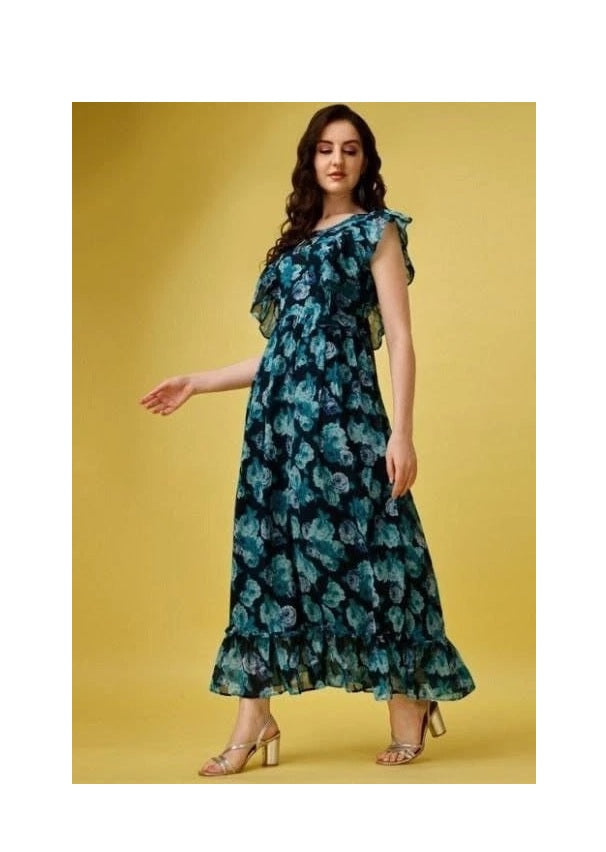 Elegant Beautiful Georgette Printed Long Flared Dress Gown