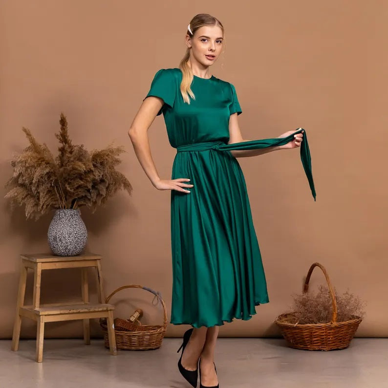Elegant Emerald Green Satin Convertible Wrap Gown for Women – Multi-Style Formal Dress