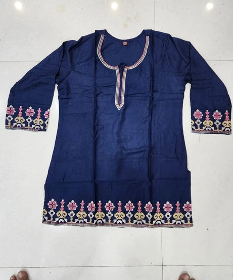 Short Stylish Heavy Rayon With Embroidery Work Printed Kurti