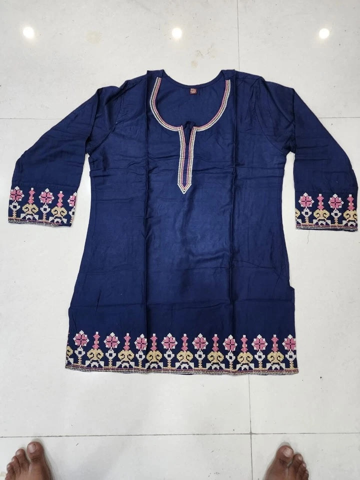 Short Stylish Heavy Rayon With Embroidery Work Printed Kurti
