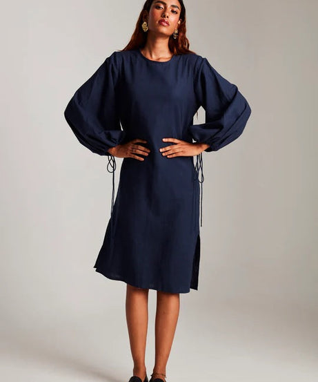 Navy Co-Linen Balloon Sleeves Dress