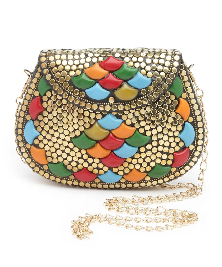 Mosaic Embellished Metal Clutch