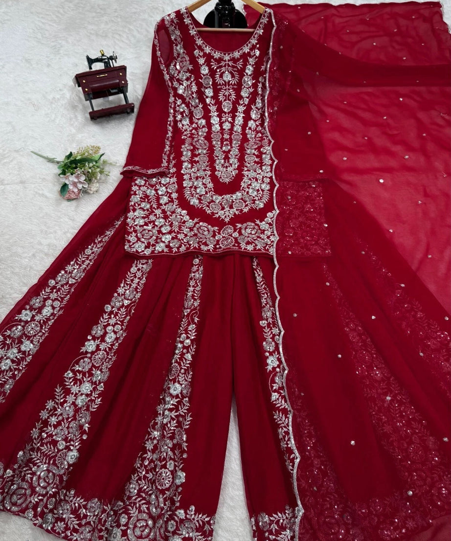 Full Stitched Faux Georgette Top Palazzo Dupatta