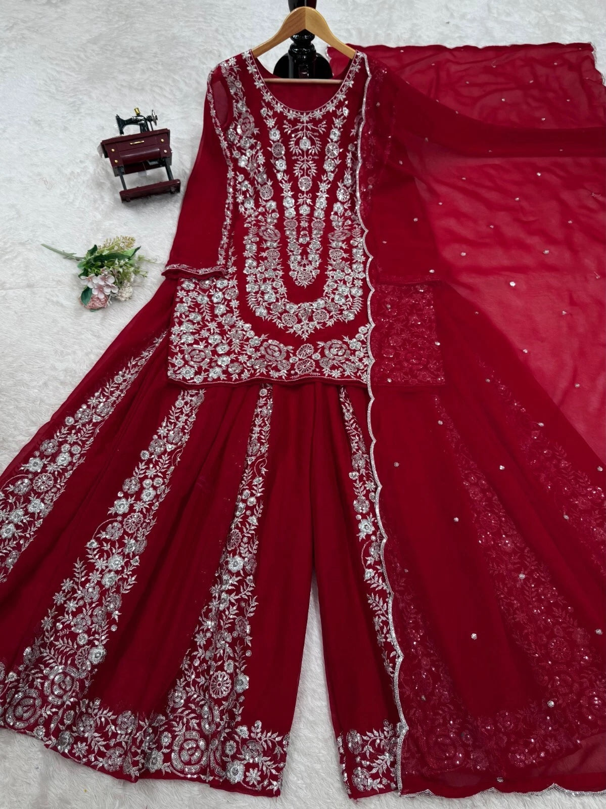 Full Stitched Faux Georgette Top Palazzo Dupatta