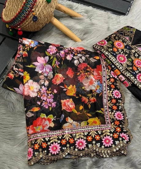 Designer Printed Soft Georgette Saree, Embroidery Heavy Sequence Work Sari & Blouse