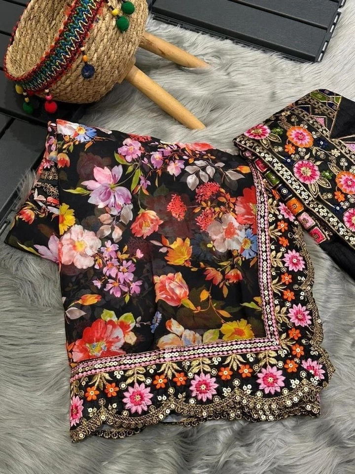 Designer Printed Soft Georgette Saree, Embroidery Heavy Sequence Work Sari & Blouse