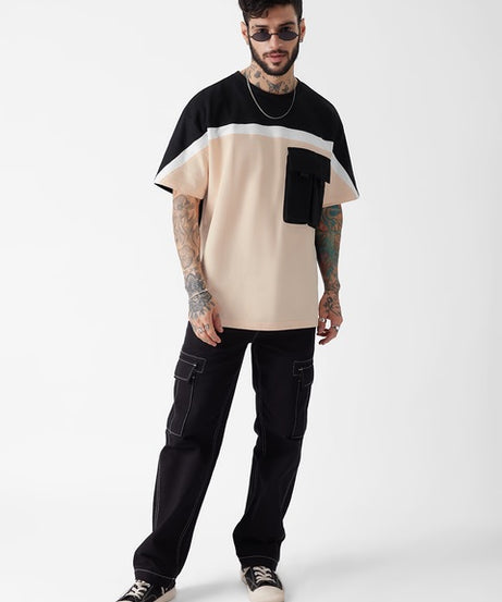 Solids Peach & Black Utility Oversized T-Shirts