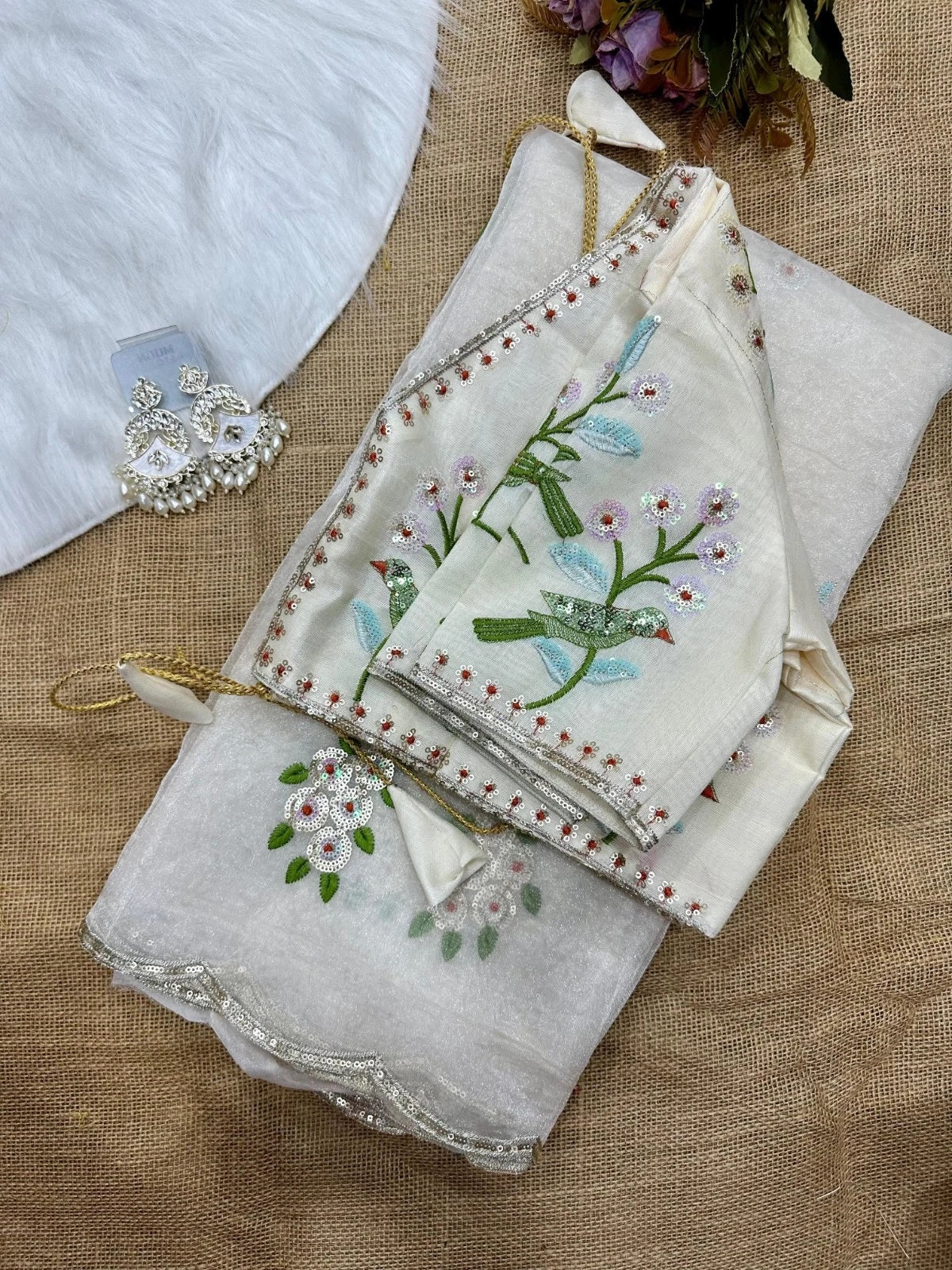 Soft Organza Saree With Embroidery Sequence Work Sari With Blouse