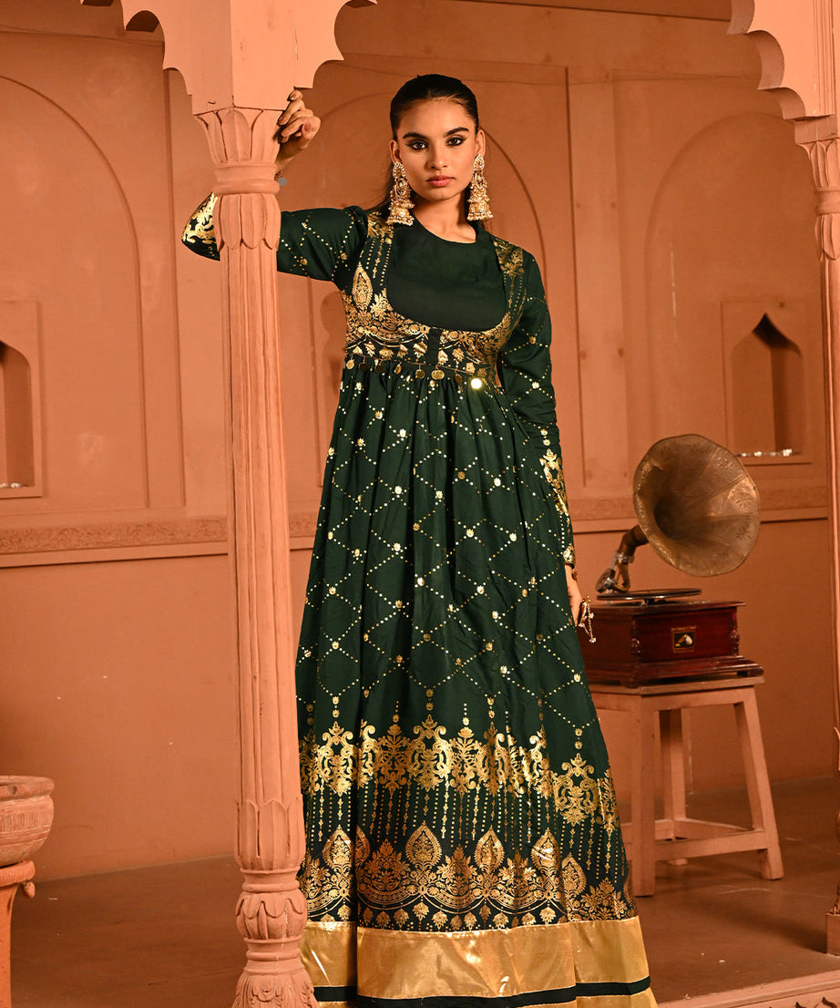Luxury Emerald Green Gold Embroidered Anarkali Dress For Women(3XL)