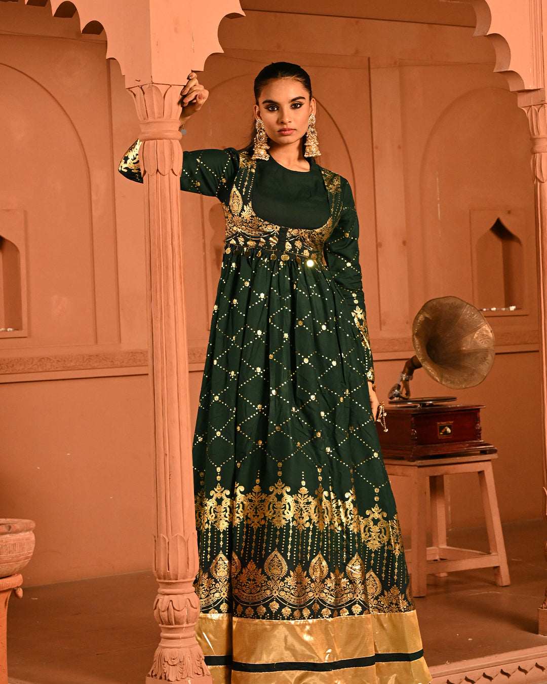 Luxury Emerald Green Gold Embroidered Anarkali Dress For Women(3XL)