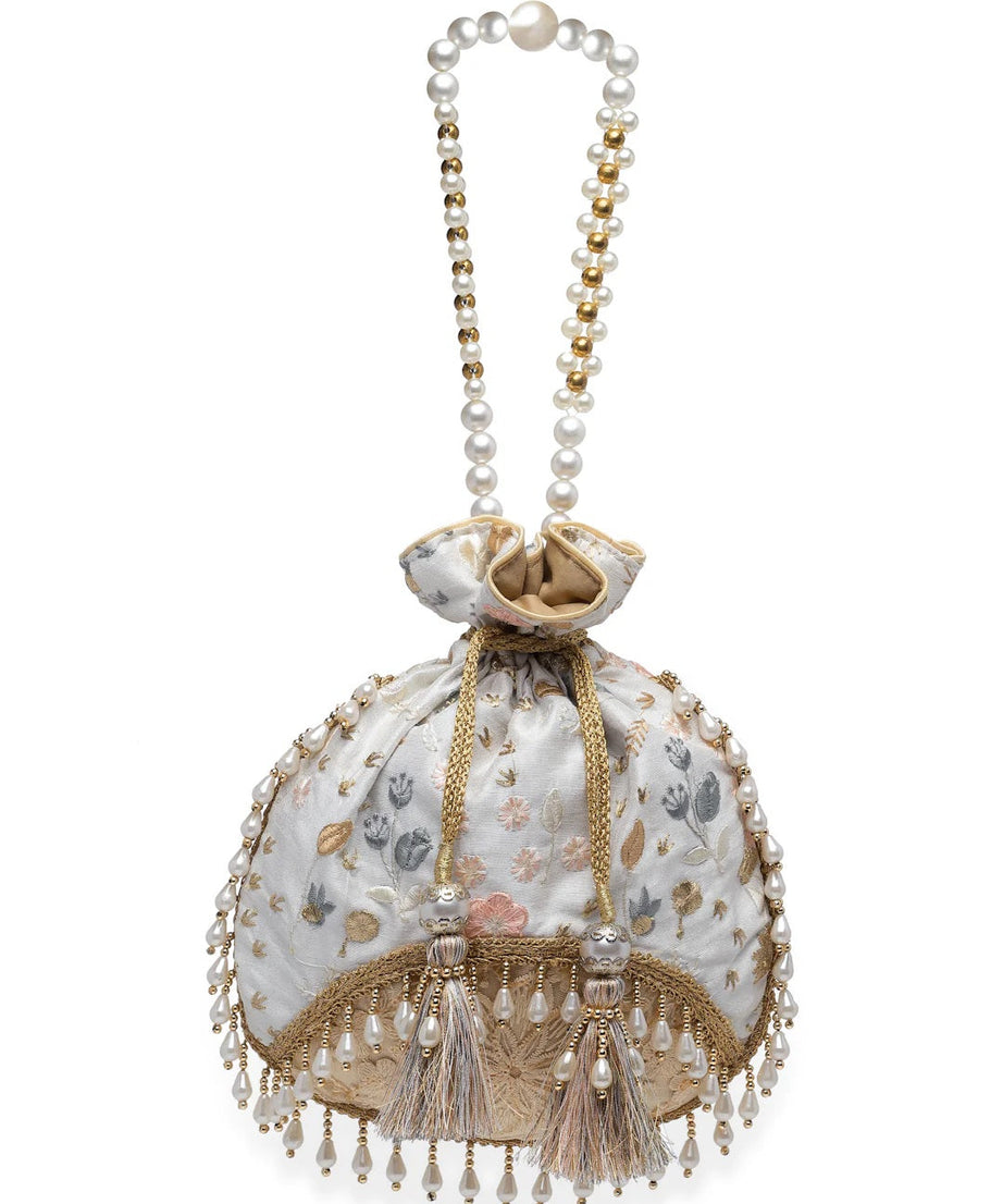 Droop Floral Embroidered Faux Silk Potli Bag