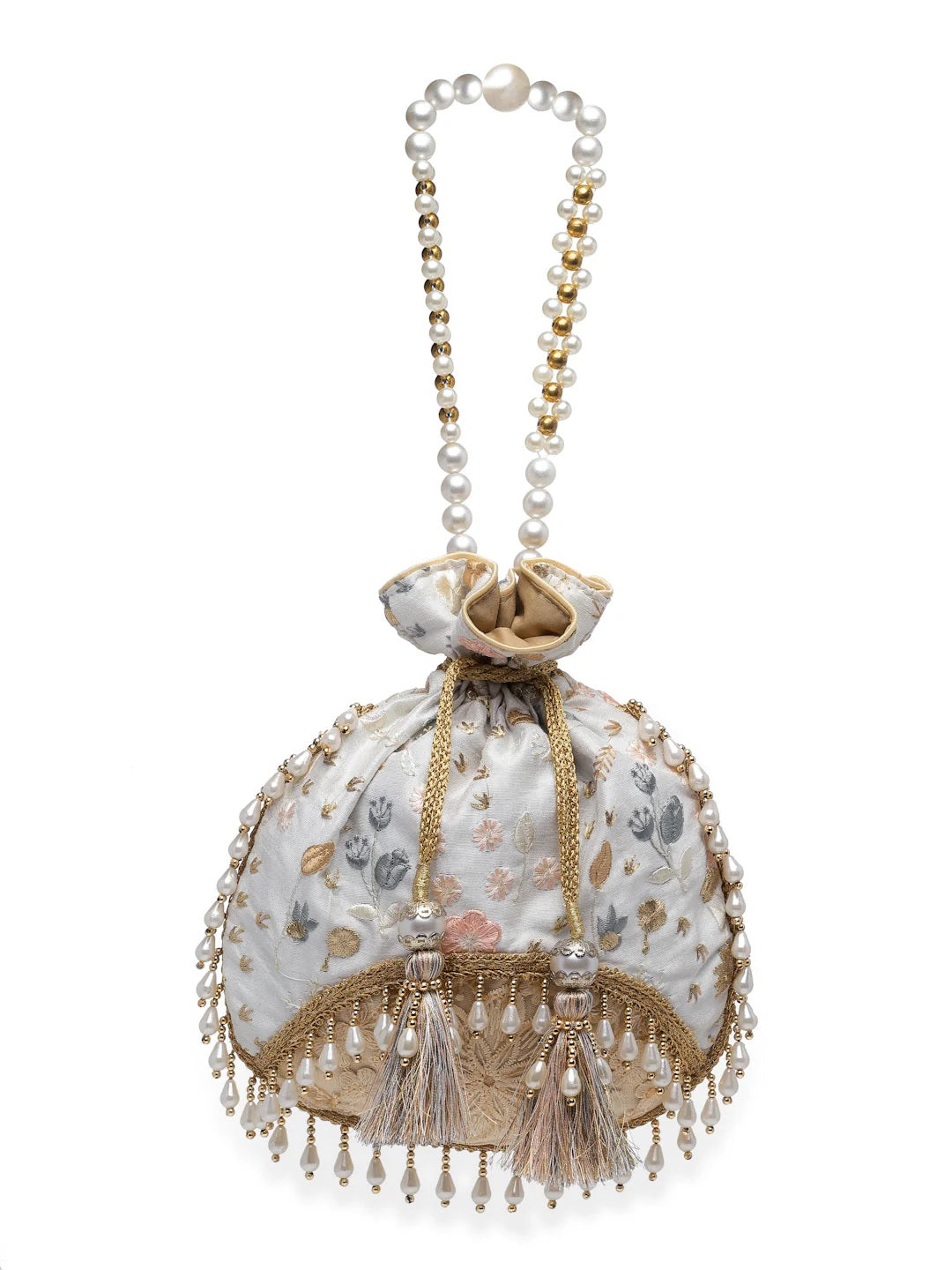 Droop Floral Embroidered Faux Silk Potli Bag