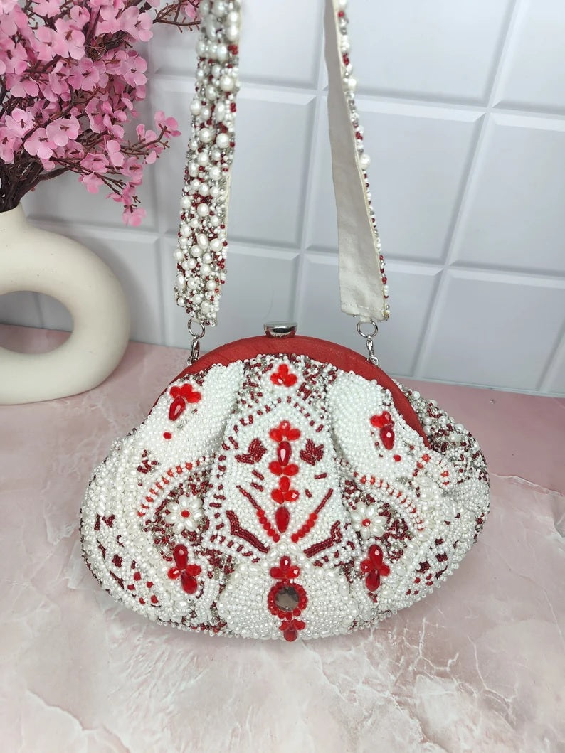 White Designer Pearls Clutch Bag