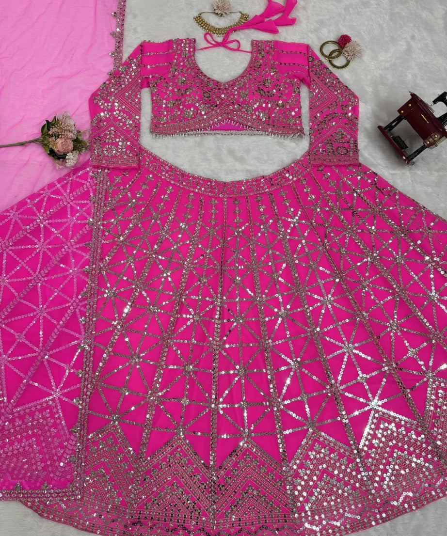 Pink Traditional Wedding Georgette With Thread Work Lehenga Blouse & Dupatta