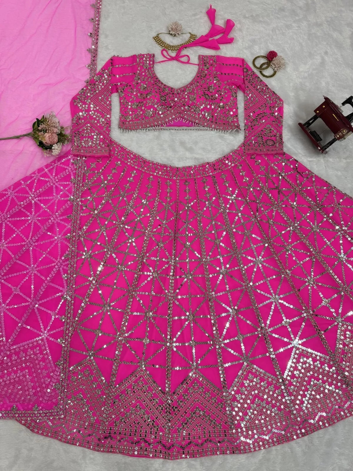 Pink Traditional Wedding Georgette With Thread Work Lehenga Blouse & Dupatta
