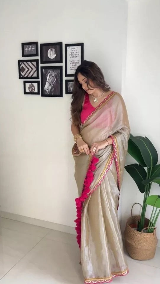 Classic Wear Two Tone Tissue Soft Saree,Wedding Party Sari & Blouse