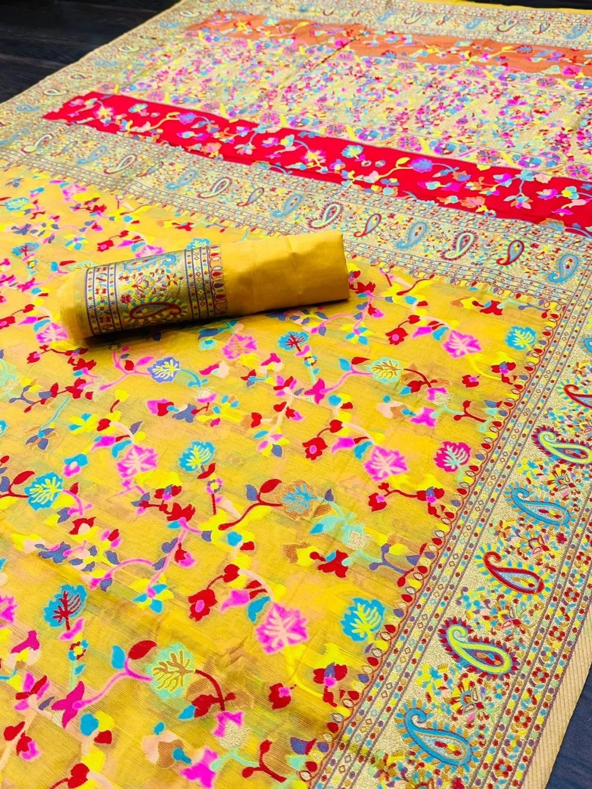 Kashmiri Silk Weaving Multiple Color Printed Sari & Blouse