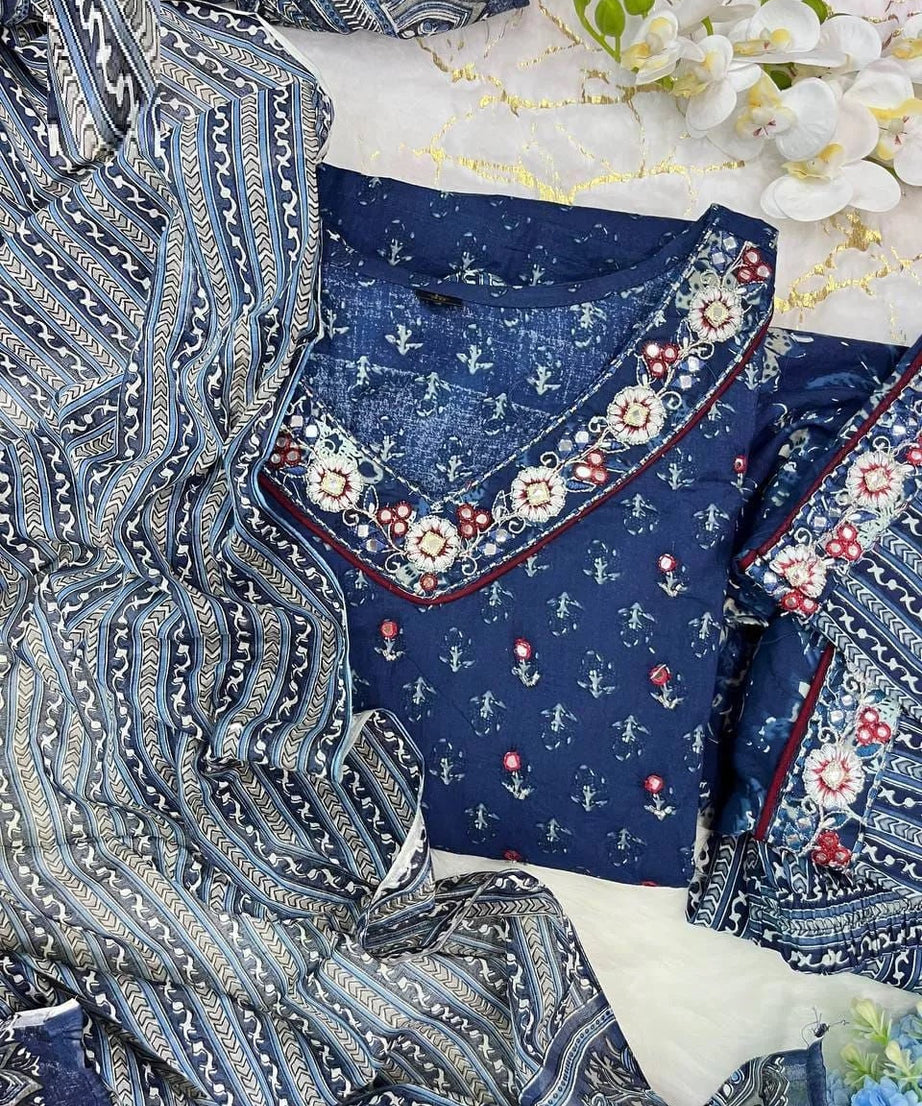 Cotton With Full Embroidery & Mirror Work Kurti Pant Dupatta