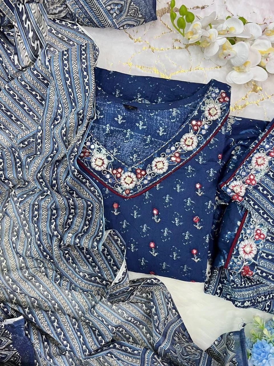 Cotton With Full Embroidery & Mirror Work Kurti Pant Dupatta