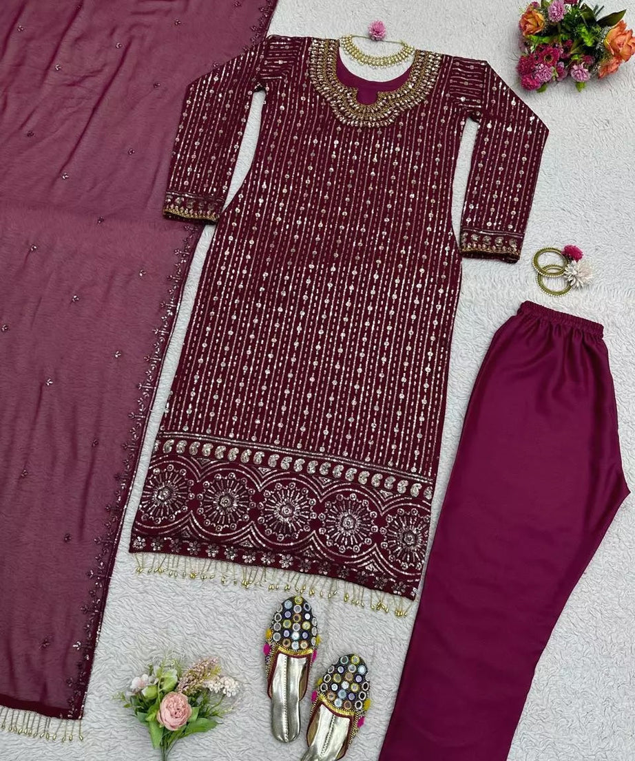 Georgette Function Style Top Pant With Dupatta Set